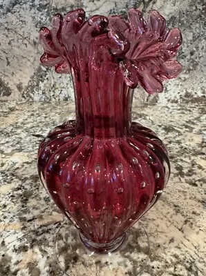 Mid Century Murano Venetian Cranberry Buccilante Blown Glass Ruffle Vase • $40