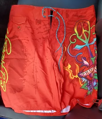 Ed Hardy Board Shorts Size 38 Vibrant Red & Yellow  True Love Surf Or Die .... • $22.99