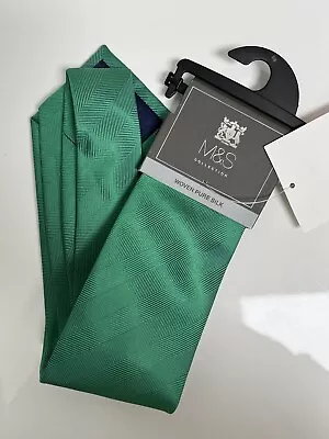 BNWT M&S COLLECTION MEN’S WOVEN PURE SILK TIE Green Striped On Hanger • £13