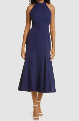 $465 Milly Women's Blue Halter Open-Back Penelope Midi A-Line Dress Size 12 • $149.18