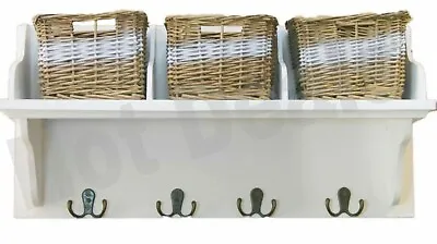 £37.90 • Buy Wicker Storage 3 Baskets Unit + 4 Coat Hook Hangers Wooden Shelf Rack Stand