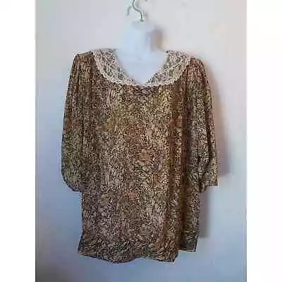 VTG Susan Richards California Brown Blouse Women 20W Floral Lace Collared Neck • $14.44