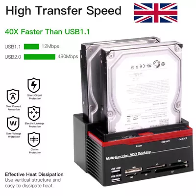 2.5  3.5  Dual Slots USB 2.0 SATA IDE HDD Docking Station Hard Drive Card Reader • £23.45