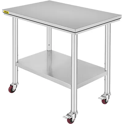 VEVOR 36 X24  Stainless Steel Work Table 4 Casters With Undershelf Cafeteria • $71.99