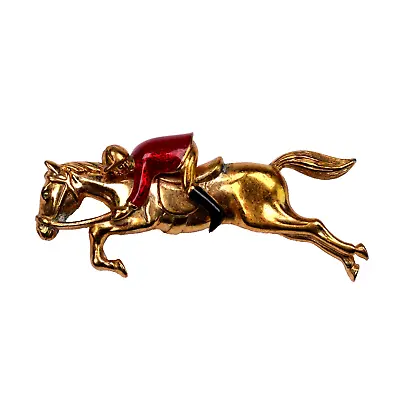 Horse Racing Brooch Gold Enamel Mid Century • £70