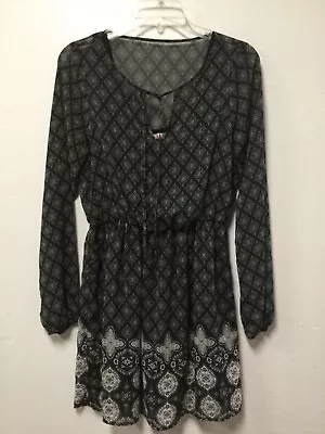 Mudd Womens Dress Size Medium Black Gray Geometric Print Sheer Overlay 166 • $19