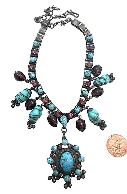 Superb Glass Turquoise Art Glass & Purple Rhinestone Bookchain Vintage Necklace • $536.63
