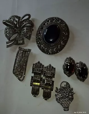 Vintage Sterling Marcasite Brooches Dress Clips Earrings • £15