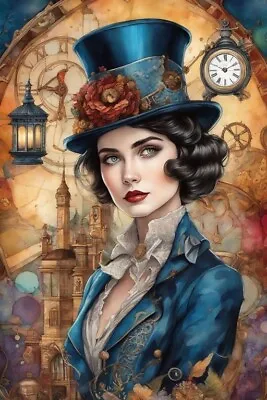 Steampunk Lady In Top Hat 7x10 Inch Quilt Or Craft Cotton Fabric Block • $14.80