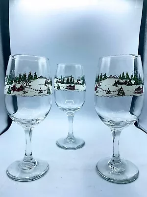 3  Vintage Libbey Currier & Ives Winter Village Christmas Wine Glass Goblets • $12