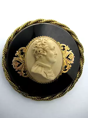 Victorian Carved Lava Cameo 10-12k Gold And 925 Onyx Gentleman Profile Brooch • $395.88