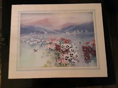 Vintage 1996 John Cheng Litho Print  Egrets With Pansies In The Lake  16 X20  • $9.99