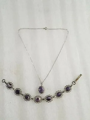 $12.99 • Buy Vintage Purple Cabochon Links Bracelet & Pendant Chain Necklace Set