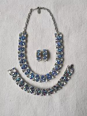 Vintage Lisner Blue Rhinestone Jewelry Set Necklace Bracelet & Clip Earrings • $50