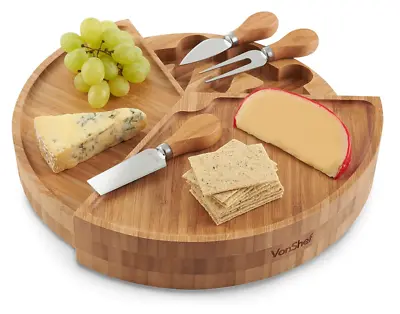 VonShef 3 Tier Fold Out Bamboo Wood Cheese Serving Board & 3 Piece Knife Set • £21.99