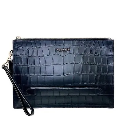 NWT Coach Mens F73151 Structure Pouch Croco Embosed Black Leather Clutch $350 • $199