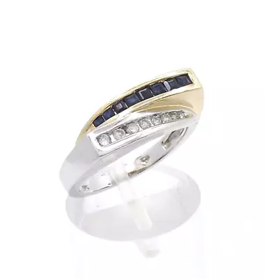 14k Gold Diamond Sapphire Modernist Bypass Band Ring Two Tone Sz7 5gr • $785.15