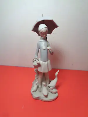 Lladro Girl With Umbrella & Geese # 4510 Figurine Matte Made In Spain (10.5 ) • $45