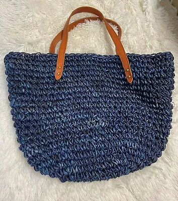 J. Jill Blue Woven Straw Leather Handle Tote Purse Women’s • $31.20