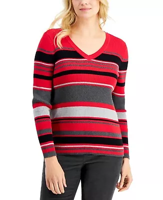 Karen Scott Blair Cotton Striped Rib V-Neck Sweater In Red Size X-Large NWT • $11.99