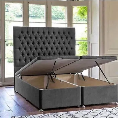 Grey Velvet Storage Gaslift Ottoman Divan Bed With 54inch Chesterfield Headboard • £399.99