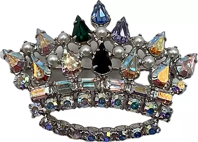 Signed DAVID Vintage CROWN BROOCH Pin Aurora Borealis Rhinestone Costume Jewelry • $7.50