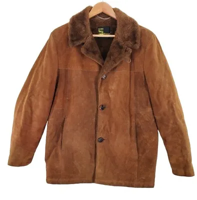 Vtg Silton Car Coat Men 40 Brown Suede Leather Bomber Fur Collar Lined 80s 90s • $110