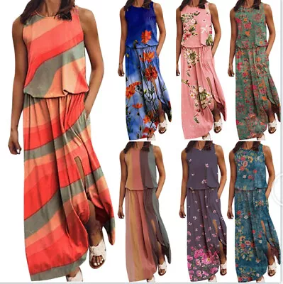 Womens Boho Floral Vest Long Dress Ladies Summer Holiday Beach Split Sundress • $14.49