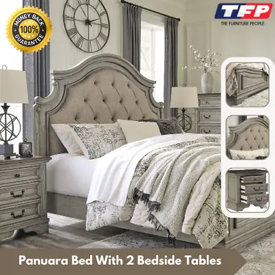 PANUARA Wooden Queen Bed Frame With Nail Head And 2 X Bedside Tables • $2238
