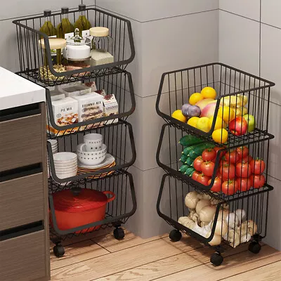 2/3/4 Tier Vegetable Fruit Basket Rack Food Storage Kitchen Cart Trolley Wheels • £16.95