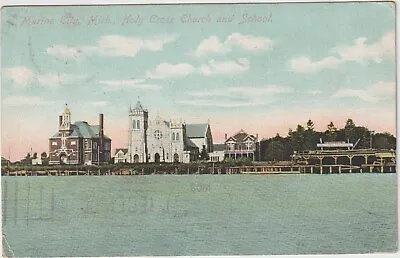 1908 Marine City Michigan Holy Cross Church And School Postcard Posted • $10