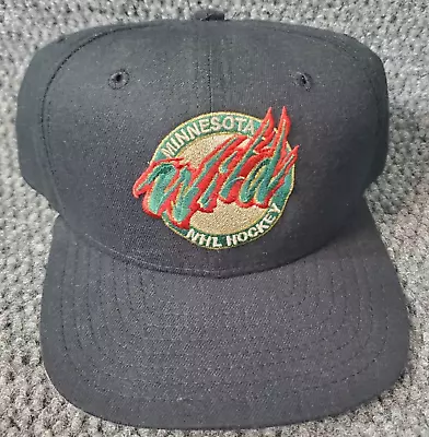 Vtg New Era Minnesota Wild Snapback NHL Black Logo USA M/L Solid Hat Cap • $69.97