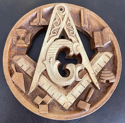 VTG Free Masons Masonic Shriners Resin 4.5”Round Wood Wall Hanging Plaque Emblem • $49.95