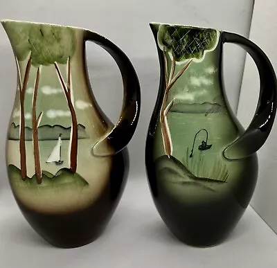 Set Of 2 Vintage Nippon Vases Yoko Boeki Co Lake Sailing & Fishing At Night • $59.90
