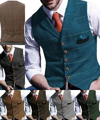 Mens Suit Plaid Waistcoat Tweed Vest Herringbone Windowpane Wedding Vintage Wool • $18.99