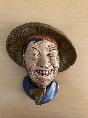 Vintage Bosson Like Chalkware Head Smiling Man Bamboo Hat • $22