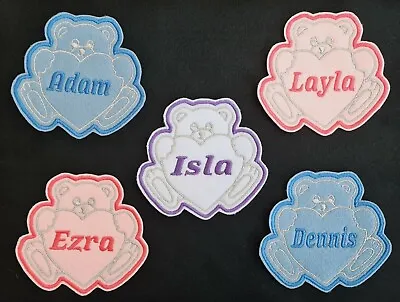 Personalised Embroidered Teddy Bear Name Patch Badge Iron On Sew On Baby Kids • £4.25