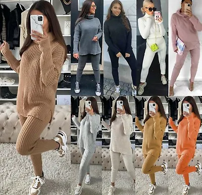 Womens Knitted High Roll Neck Tracksuit Ladies Ribbed Loungewear Suit Co-ord Set • £19.90