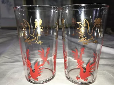 2 Vintage FEDERAL Glass RUNNING ROOSTER Chicken RED/GOLD Decal 12oz TUMBLER 4¾ T • $22.50