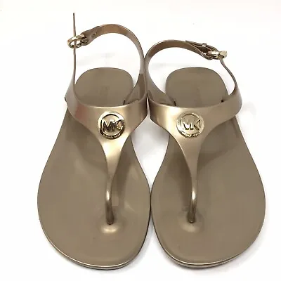 Michael Kors Womens Lillie Gold Size 7 MK Logo Plate Jelly Thong PVC Sandals • $24.80