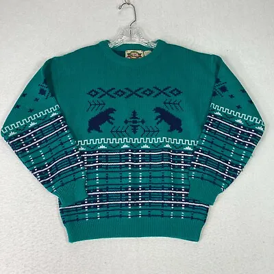 Womens Vintage Sweater Teal Green Blue Bears Christmas Holiday Size M Knit Crew • $25.50