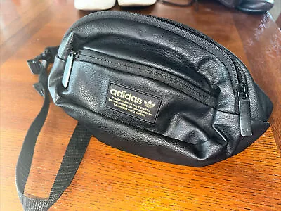 Adidas Original Waist Pack Fanny Bag Black Leather Gold Trefoil • $24.99