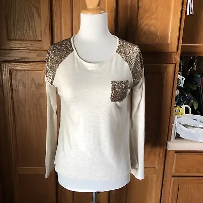 Epic Threads Girls XL Ivory Gold Sequined Long Sleeve T-Shirt Keyhole Pocket EXC • $9.74
