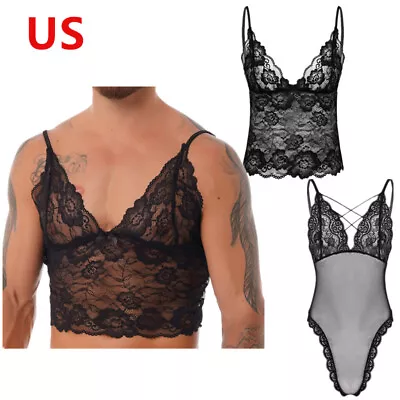 US Men Lace Sissy Lingerie Straps Deep V Neck Undershirt Vest Crop Top Nightwear • $7.35