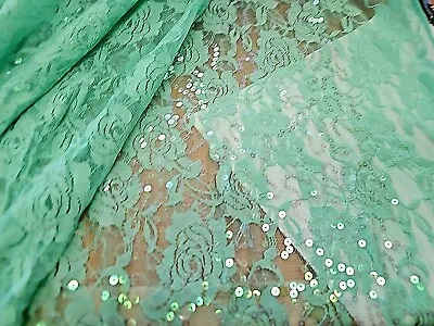 Green  Netting Lace Fabric  Special Occasion Sequin Fancy Floral By The Yard • $9.99