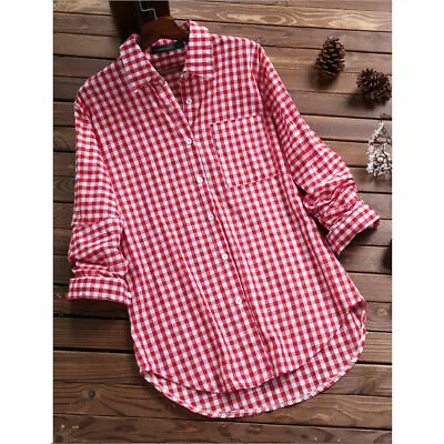 Plus Size Womens Ladies Long Sleeve Check Plaid Loose Casual Shirt Tops Blouse • £10.95