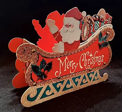 Vintage FOLDING CARDBOARD SANTA IN SLEIGH CHRISTMAS CARD HOLDER-Table Decor-MCM • $12.99