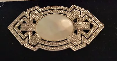 Vintage Brooch Silver Tone & Mother Of Pearl Art Deco Design • $10