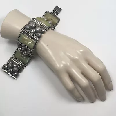 Vintage Silver Mexico Bracelet With Carved Green Stone Aztec/Mayan Faces • $99