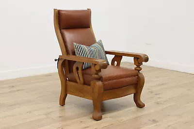 Morris Antique Oak Recliner Chair Leather Upholstery #49545 • $1775